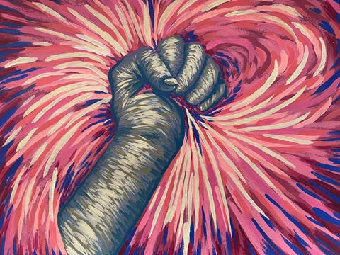 'Pulling on the Heartstrings.' Acrylic on multi-media paper.